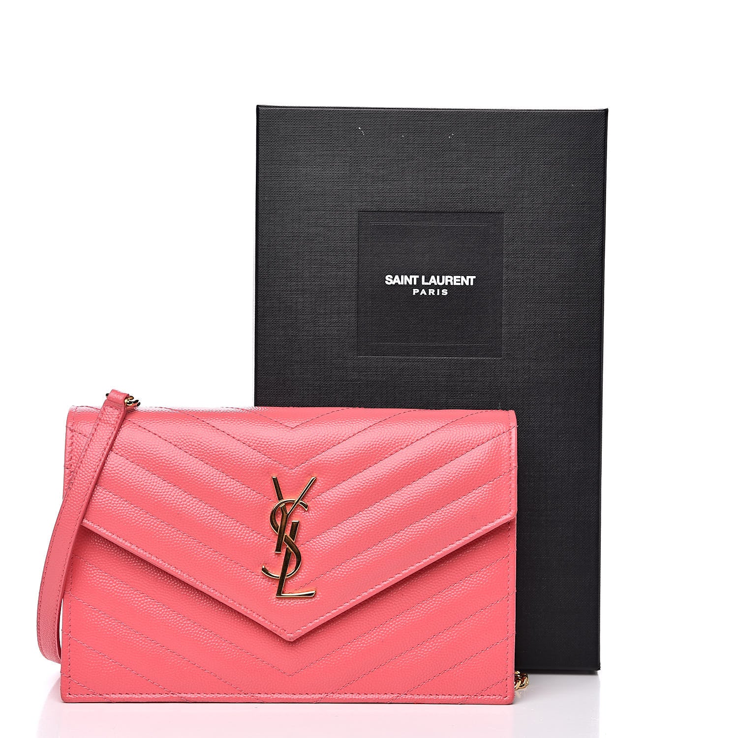 Saint Laurent Grain De Poudre Matelasse Chevron Monogram Envelope Chain Wallet Rose Clair 10 of 10