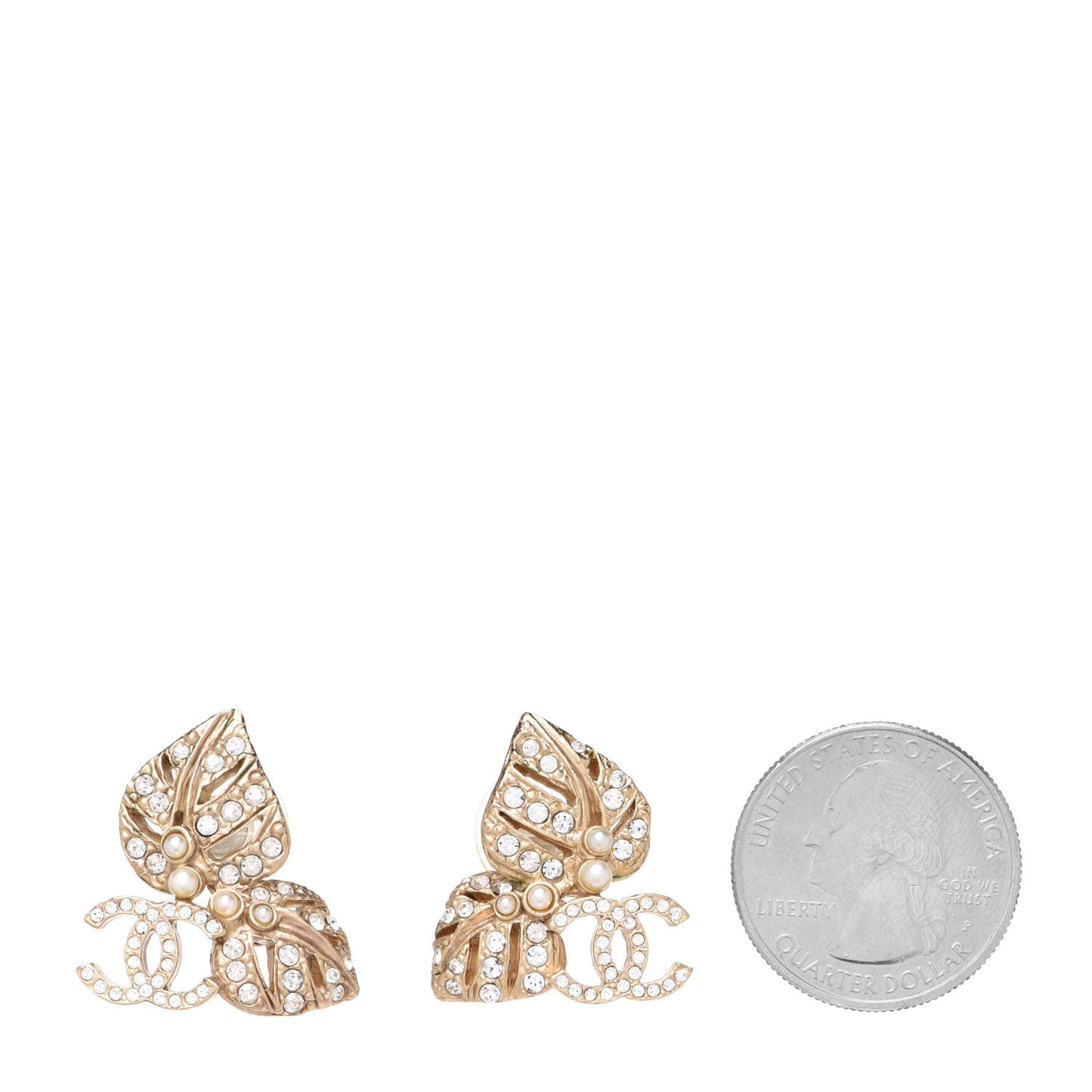Crystal Pearl CC Leaf Earrings Gold