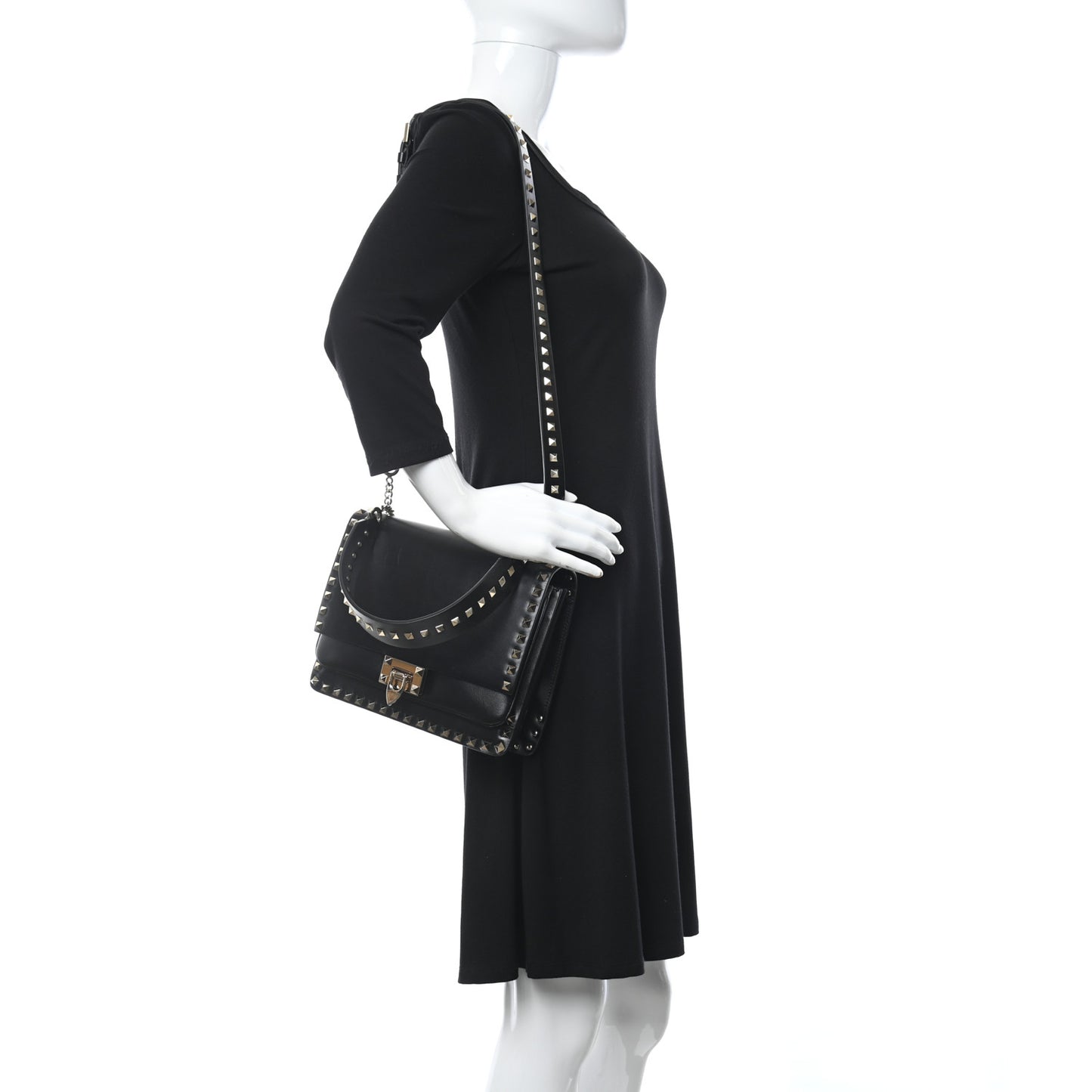 Vitello Rockstud Top Handle Shoulder Bag Black
