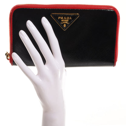 Prada Saffiano Vernice Bi-Color Zip Around Wallet Black Rosso 2 of 9