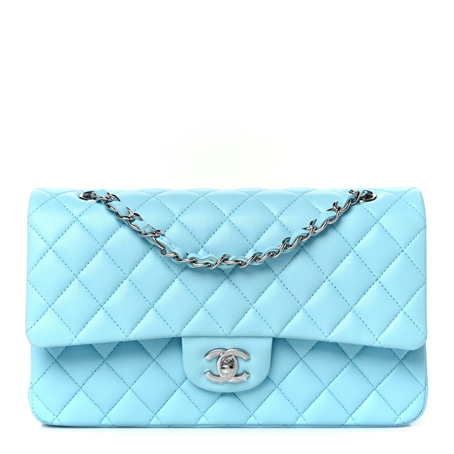 Lambskin Quilted Medium Double Flap Light Blue