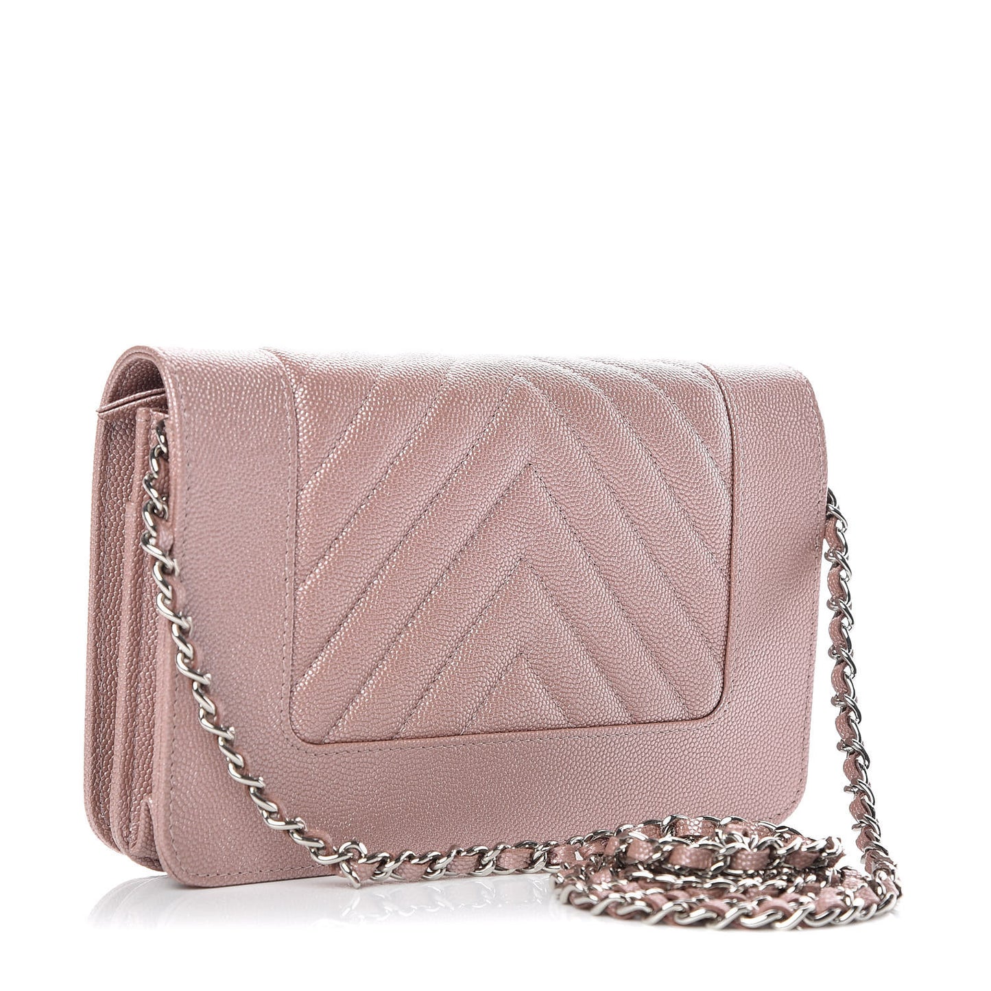 Metallic Caviar Chevron Quilted Vintage Mademoiselle Wallet On Chain WOC Pink