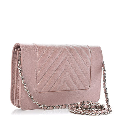 Chanel Metallic Caviar Chevron Quilted Vintage Mademoiselle Wallet On Chain WOC Pink 3 of 10