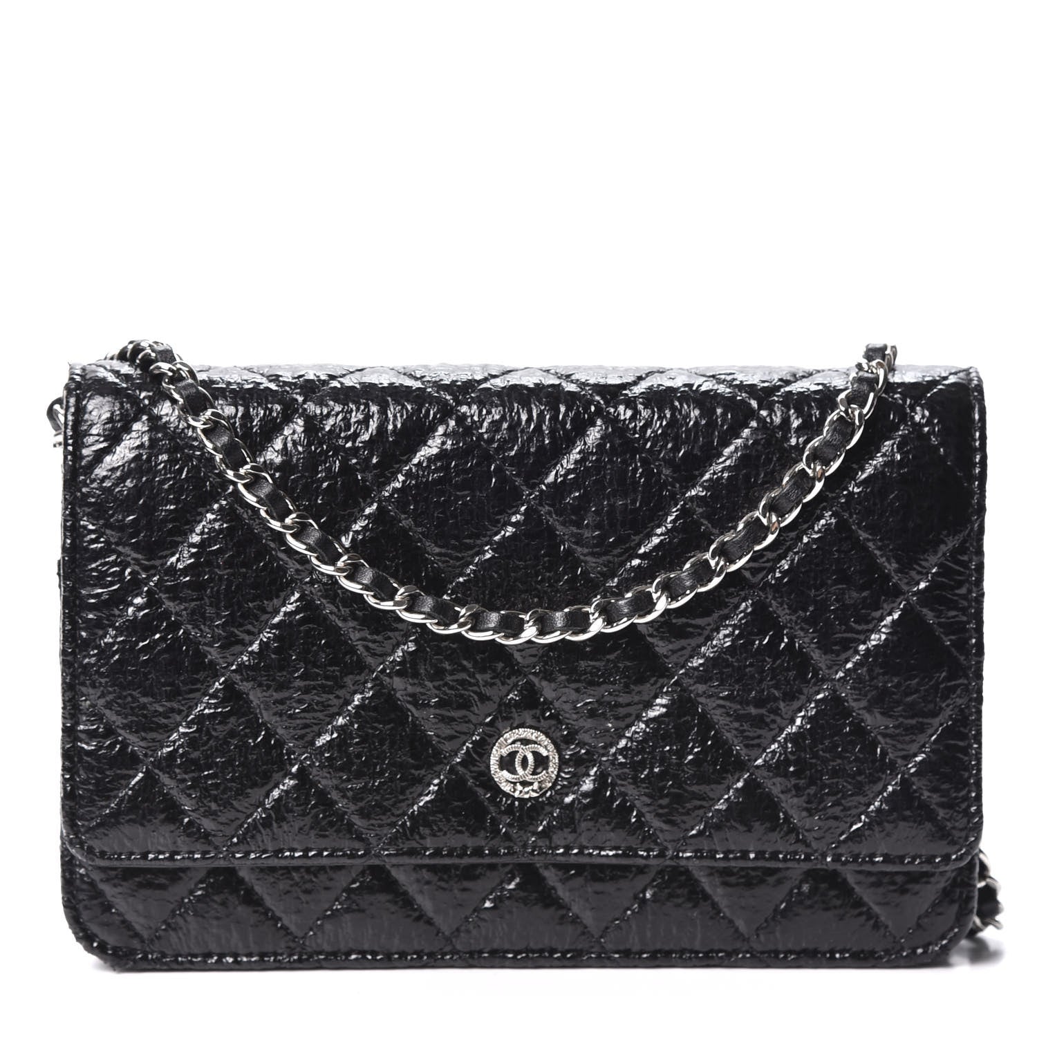 Chanel Distressed Patent Calfskin Quilted Wallet on Chain WOC Black 1 of 11
