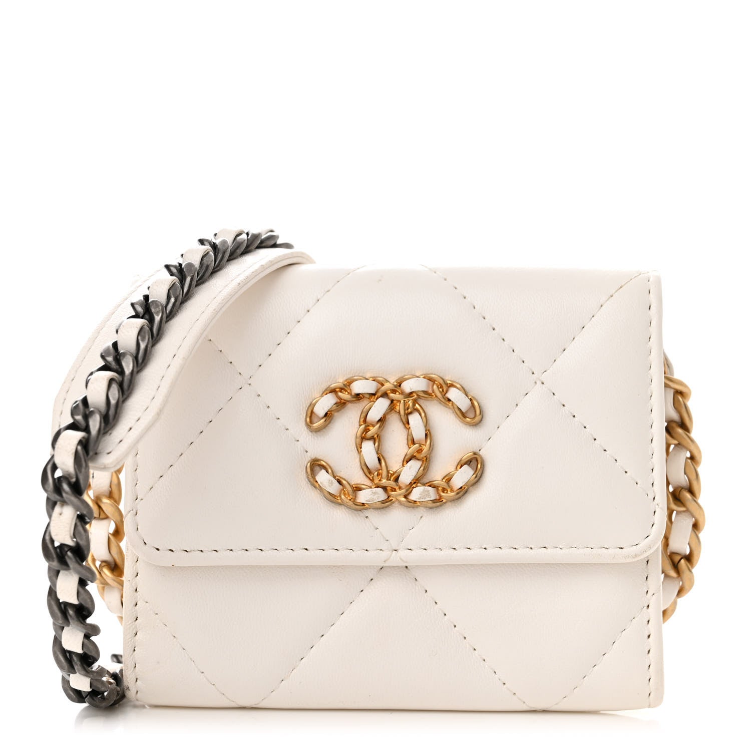 Chanel Lambskin Quilted Chanel 19 Flap Coin Purse With Chain White 1 of 14