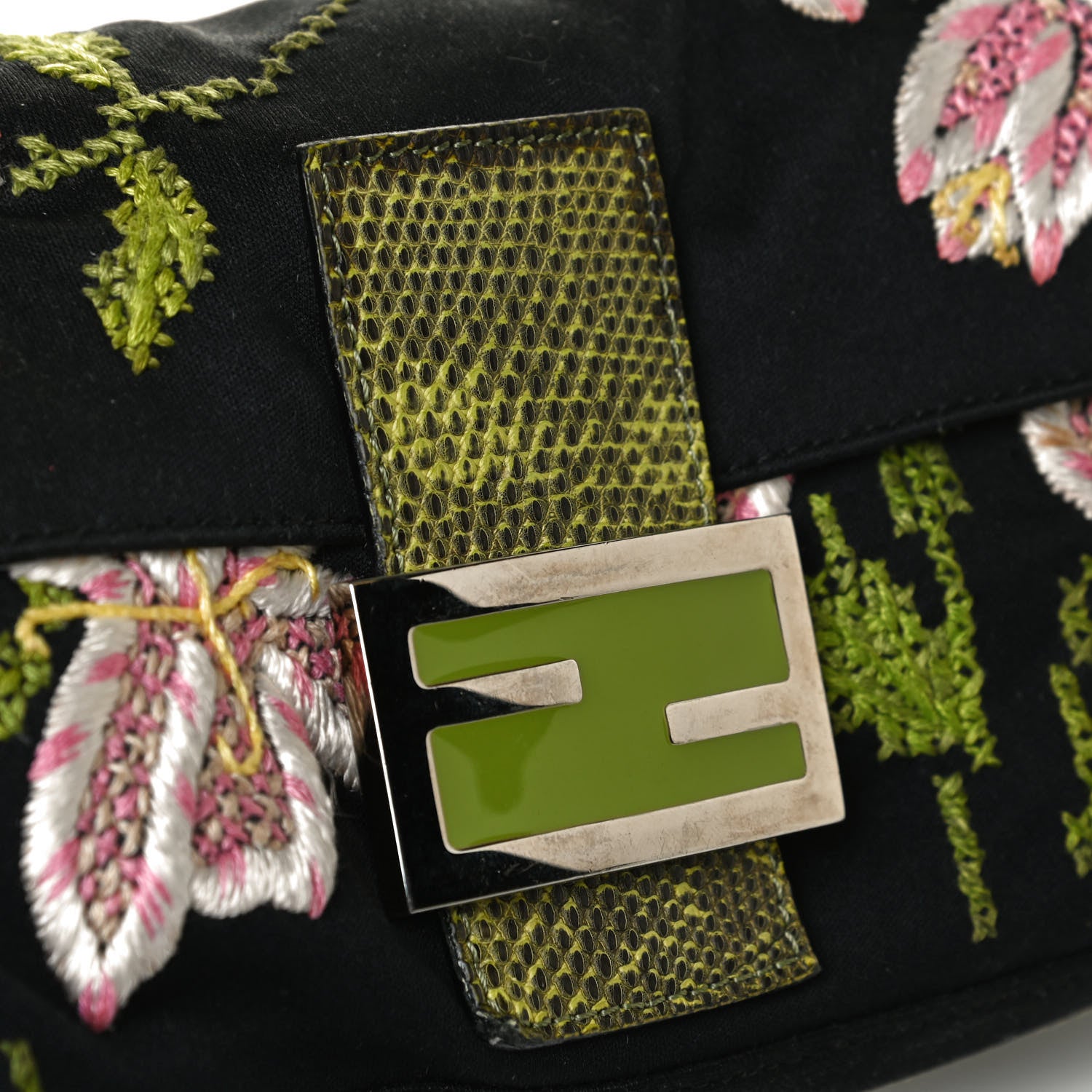Fendi Canvas Lizard Embroidered Flower Baguette Black Multicolor 10 of 13