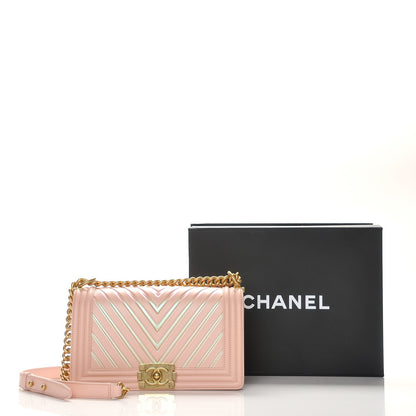 Chanel Calfskin Painted Chevron Embossed Medium Boy Flap Pink 9 of 9