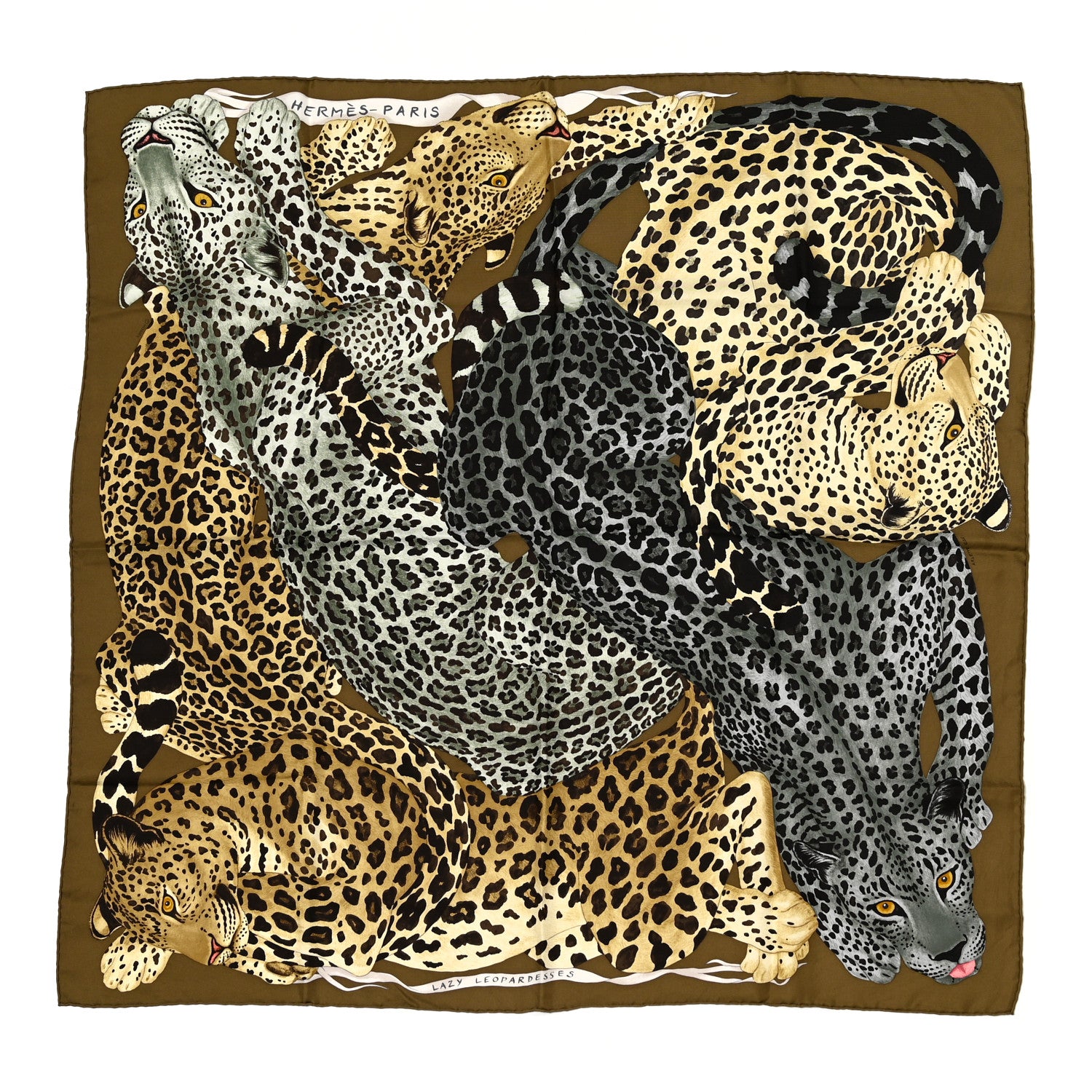 Hermes Silk Twill Lazy Leopardesses Scarf 90 Vert Black Gris Anthracite 1 of 6
