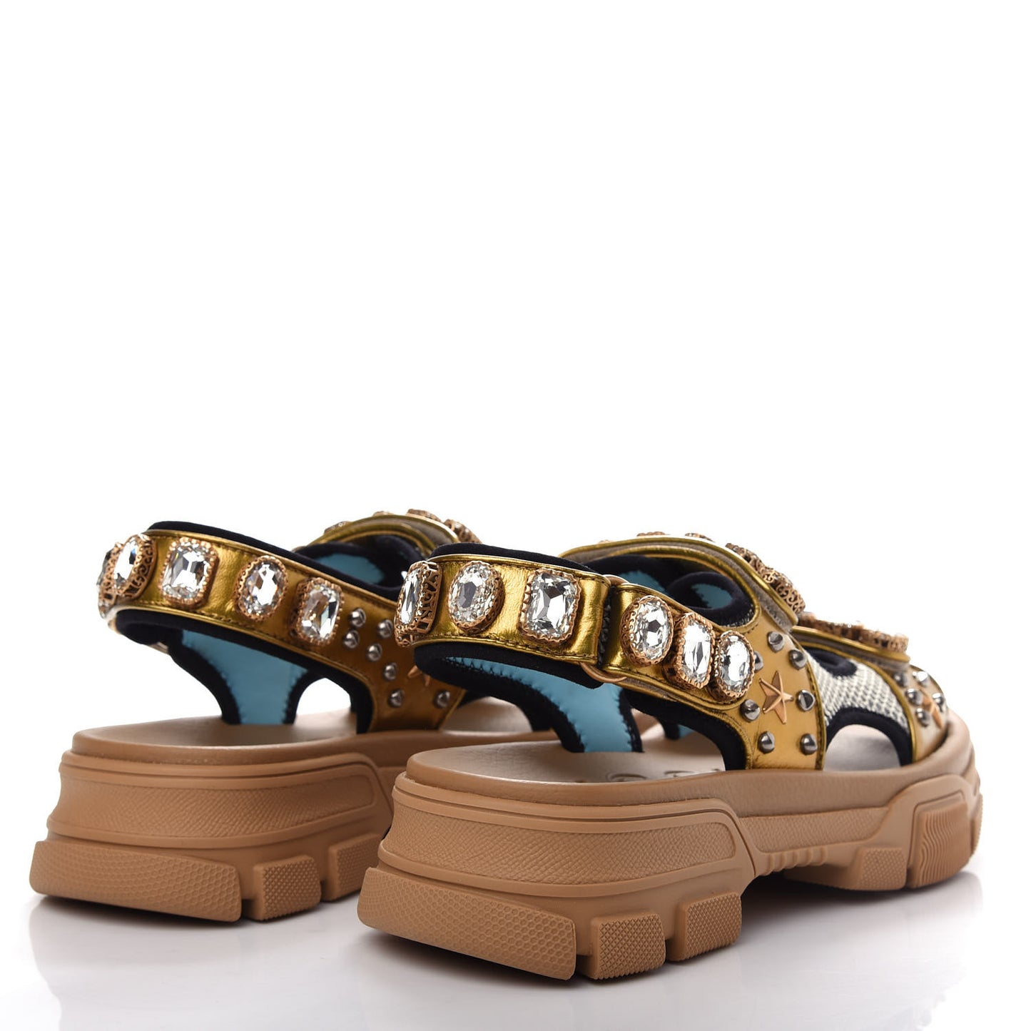 Silk Calfskin Mesh Crystal Embellished Studded Womens Aguru Sandals 38.5 Gold