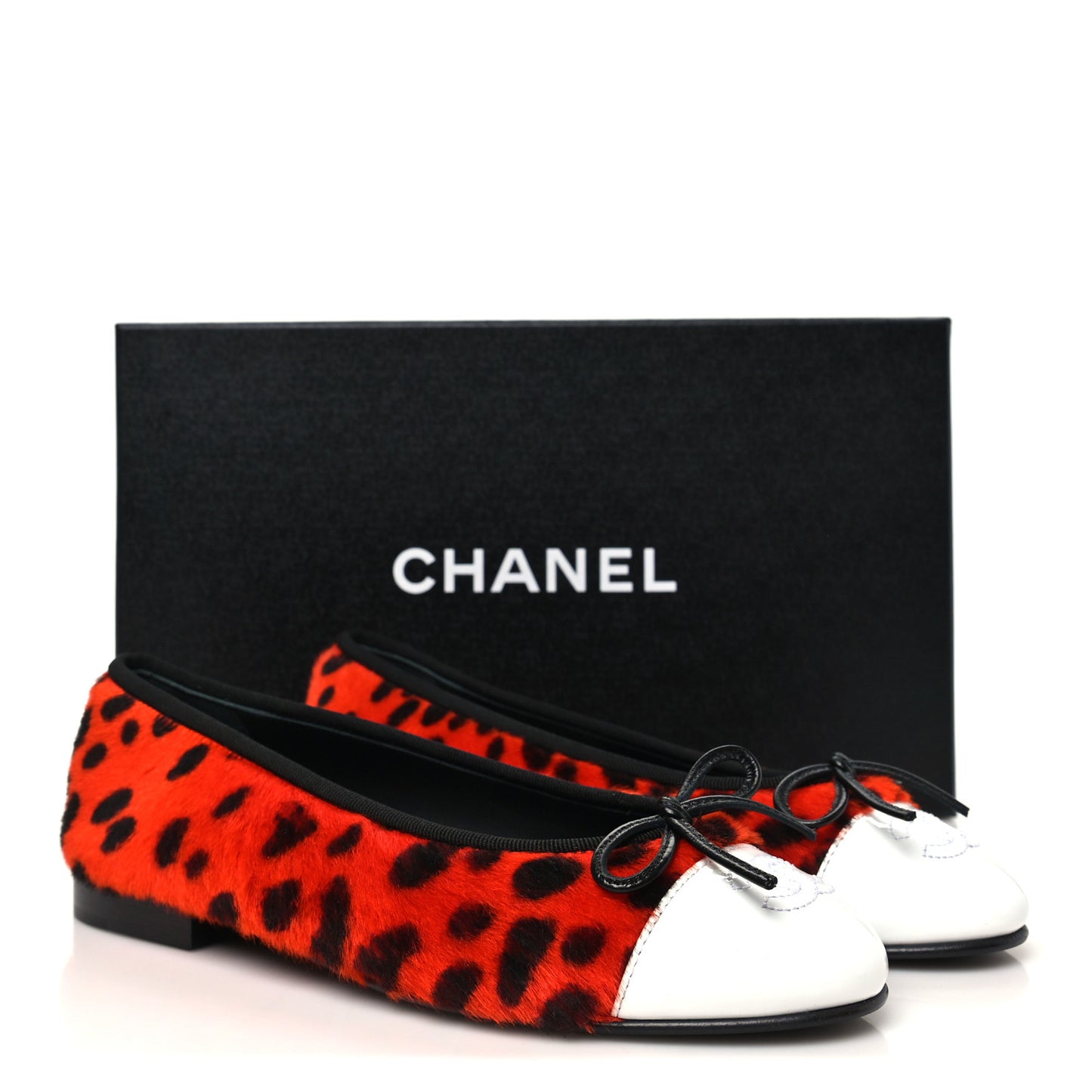 Pony Hair Lambskin Patent Calfskin Cap Toe CC Ballerina Flats 36 Orange Black White