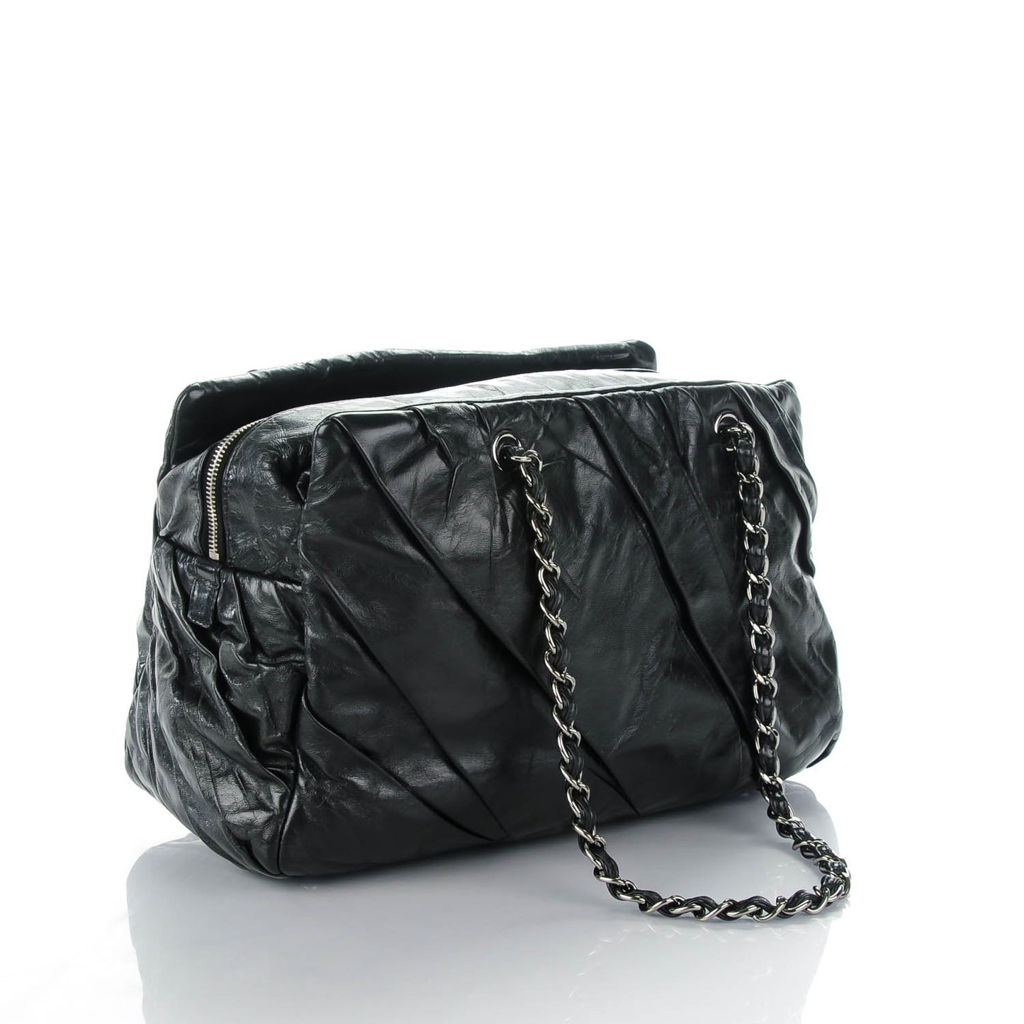 Glazed Calfskin Twisted Large Tote Black