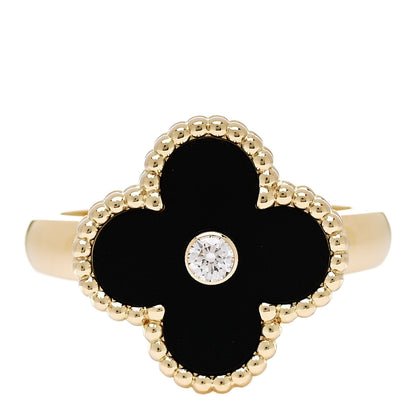Van Cleef & Arpels 18K Yellow Gold Diamond Black Onyx Vintage Alhambra Ring 52 6 1 of 6