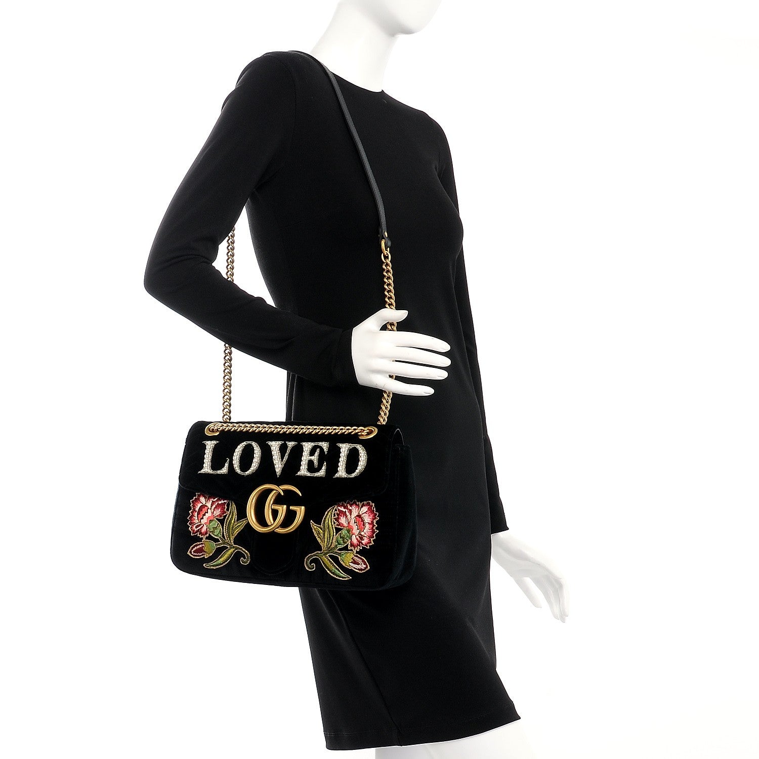 Gucci Velvet Matelasse Loved Embroidered Medium GG Marmont Shoulder Bag Black 2 of 8