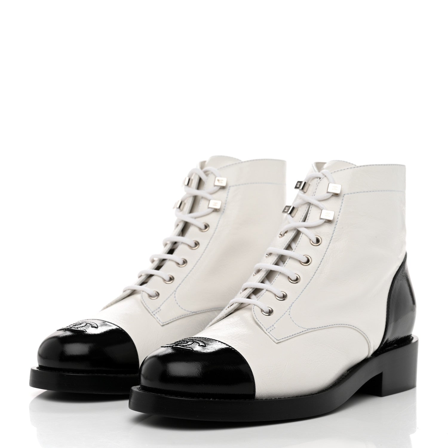 Chanel Distressed Patent Cap Toe Combat Boots 40 White Black 3 of 8