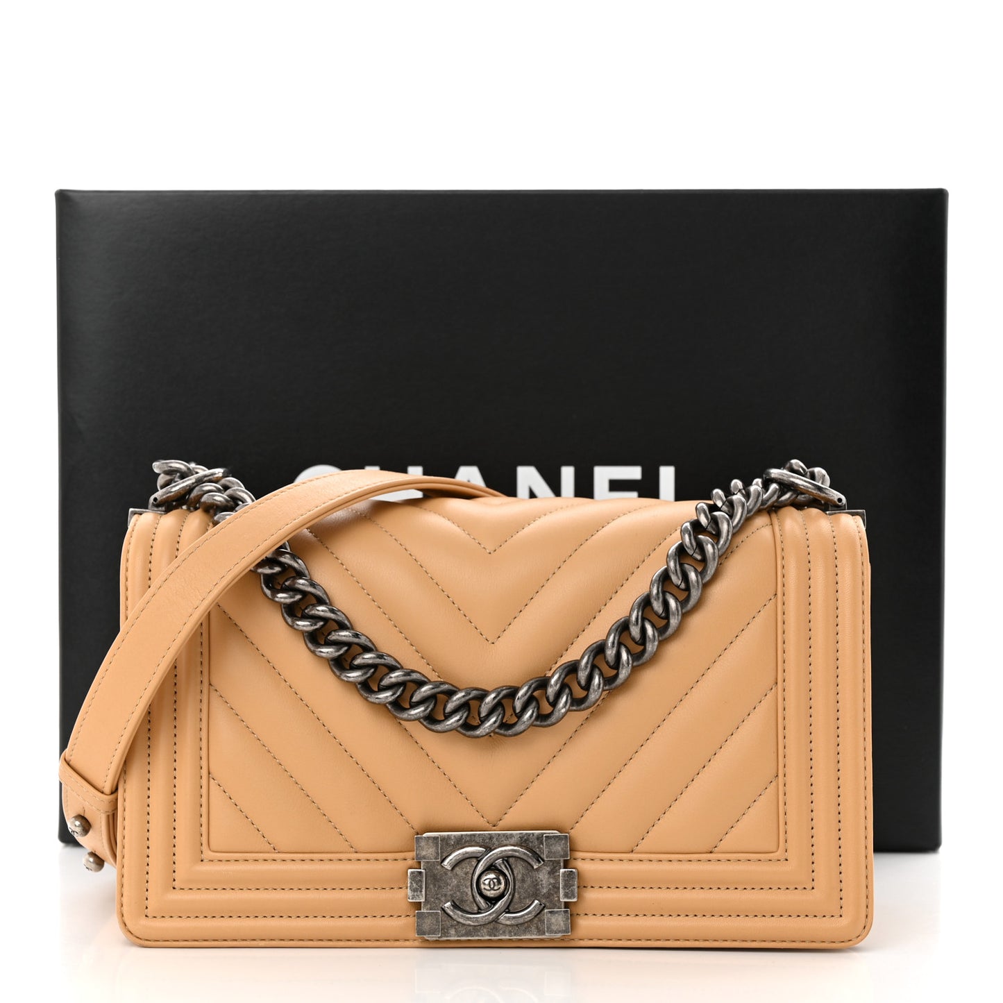 Calfskin Chevron Quilted Medium Boy Flap Beige