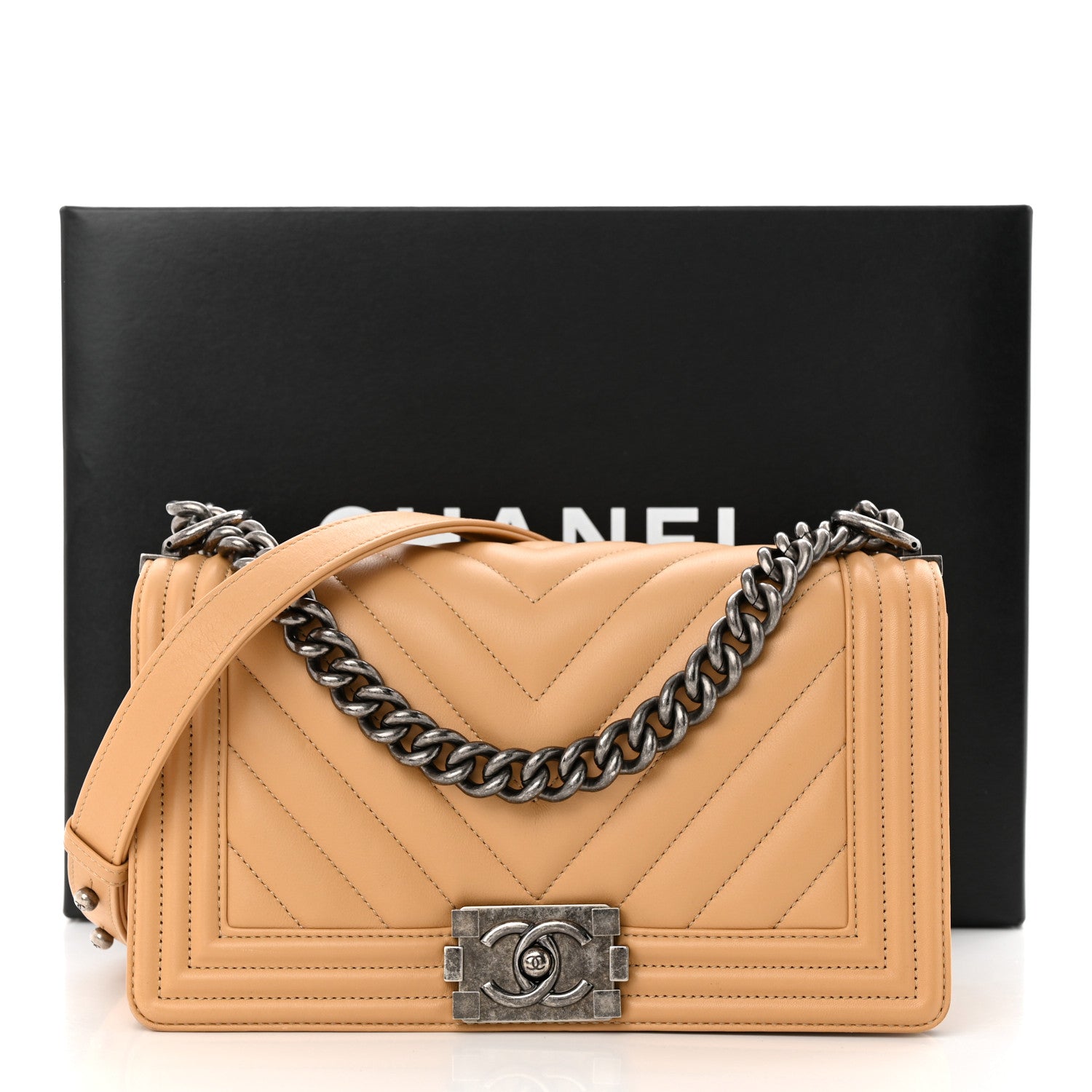 Chanel Calfskin Chevron Quilted Medium Boy Flap Beige 11 of 11