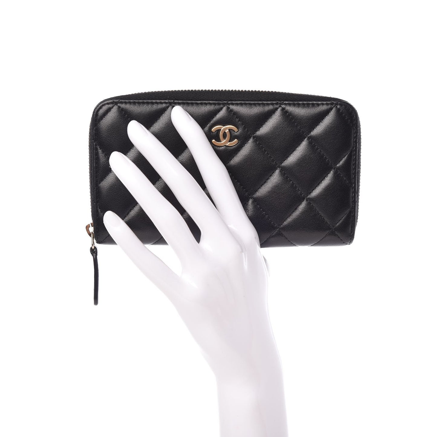 Lambskin Quilted Small Zip Around Wallet Black
