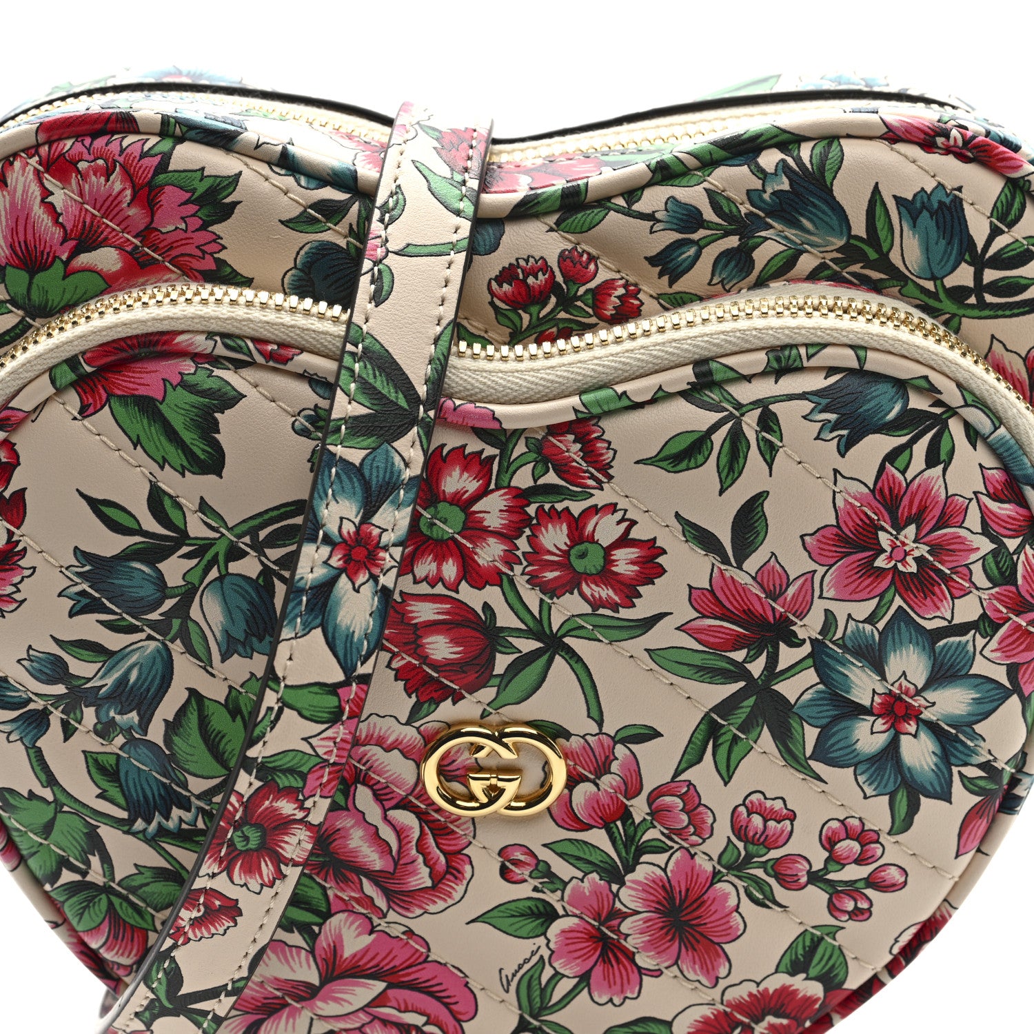 Gucci Calfskin Matelasse Diagonal Brit Roses Print Mini Interlocking G Heart Shoulder Bag  White Multicolor 8 of 9