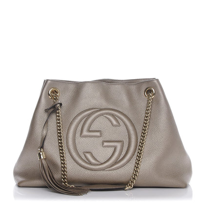 Gucci Metallic Pebbled Calfskin Medium Soho Chain Shoulder Bag Golden Beige 1 of 7