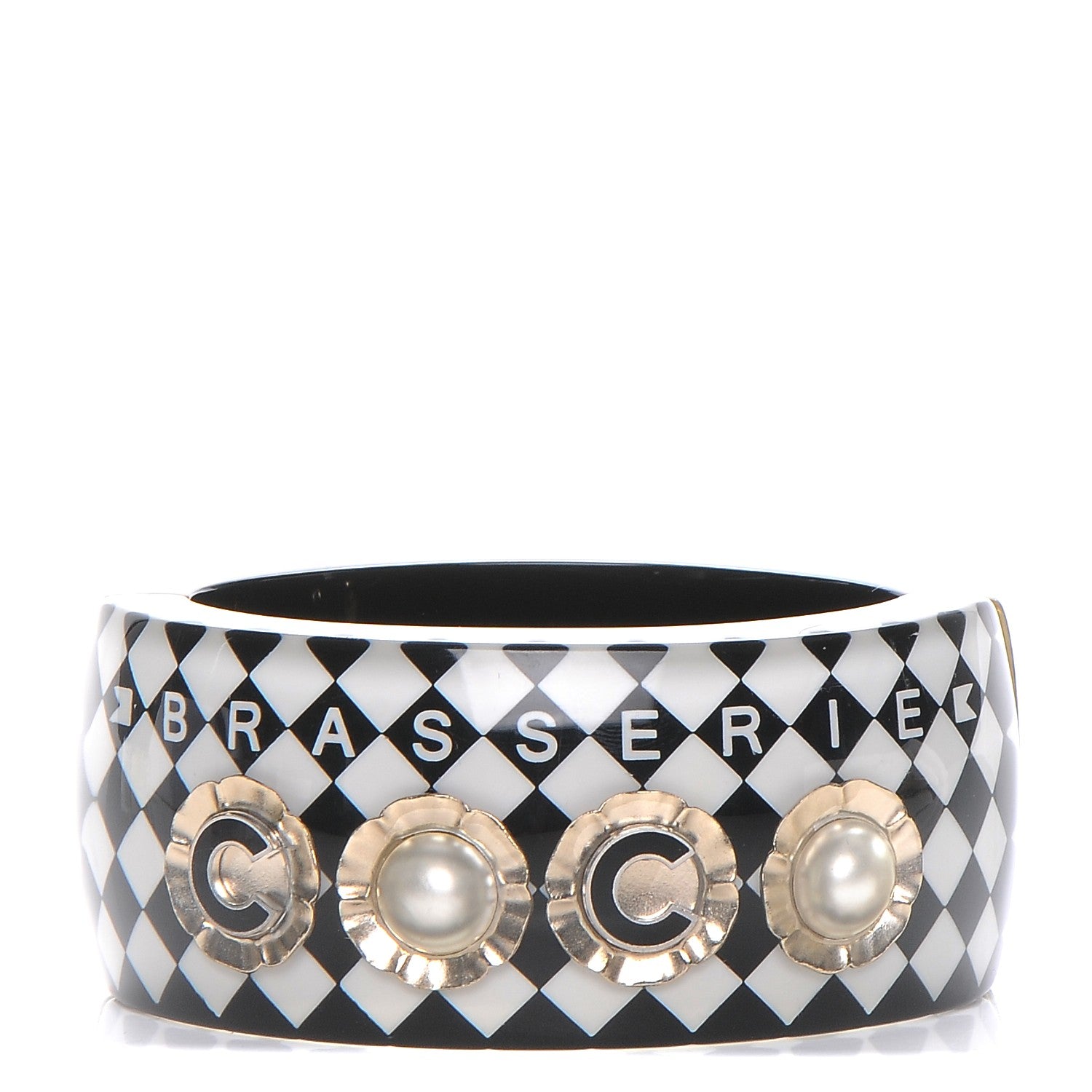 Chanel Resin Pearl Checkered CC Cuff Bangle Black 1 of 4
