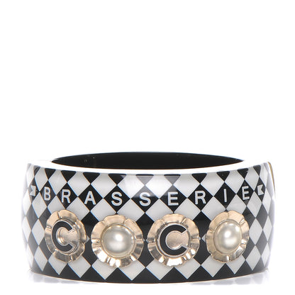 Chanel Resin Pearl Checkered CC Cuff Bangle Black 1 of 4