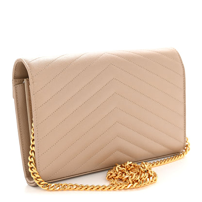 Saint Laurent Grain De Poudre Matelasse Chevron Monogram Chain Wallet Dark Beige 3 of 12
