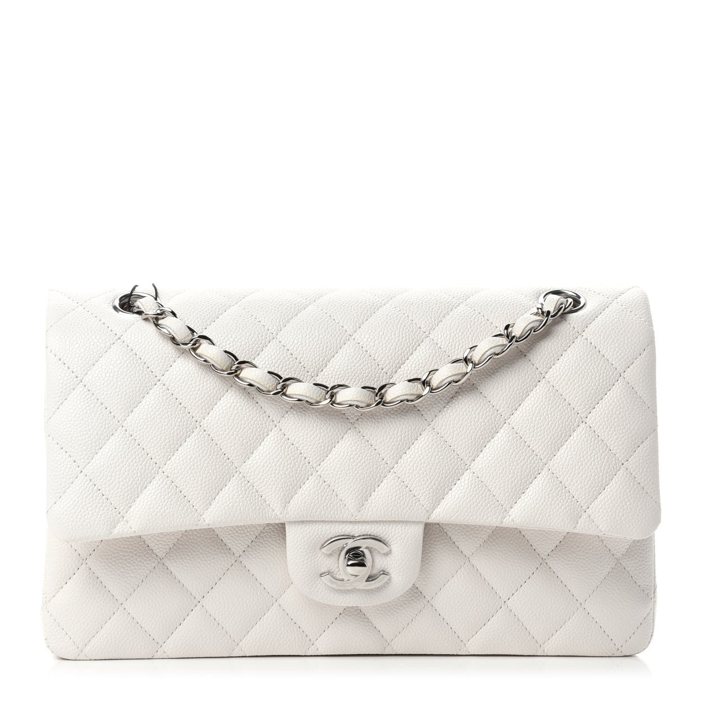 Caviar Quilted Medium Double Flap White