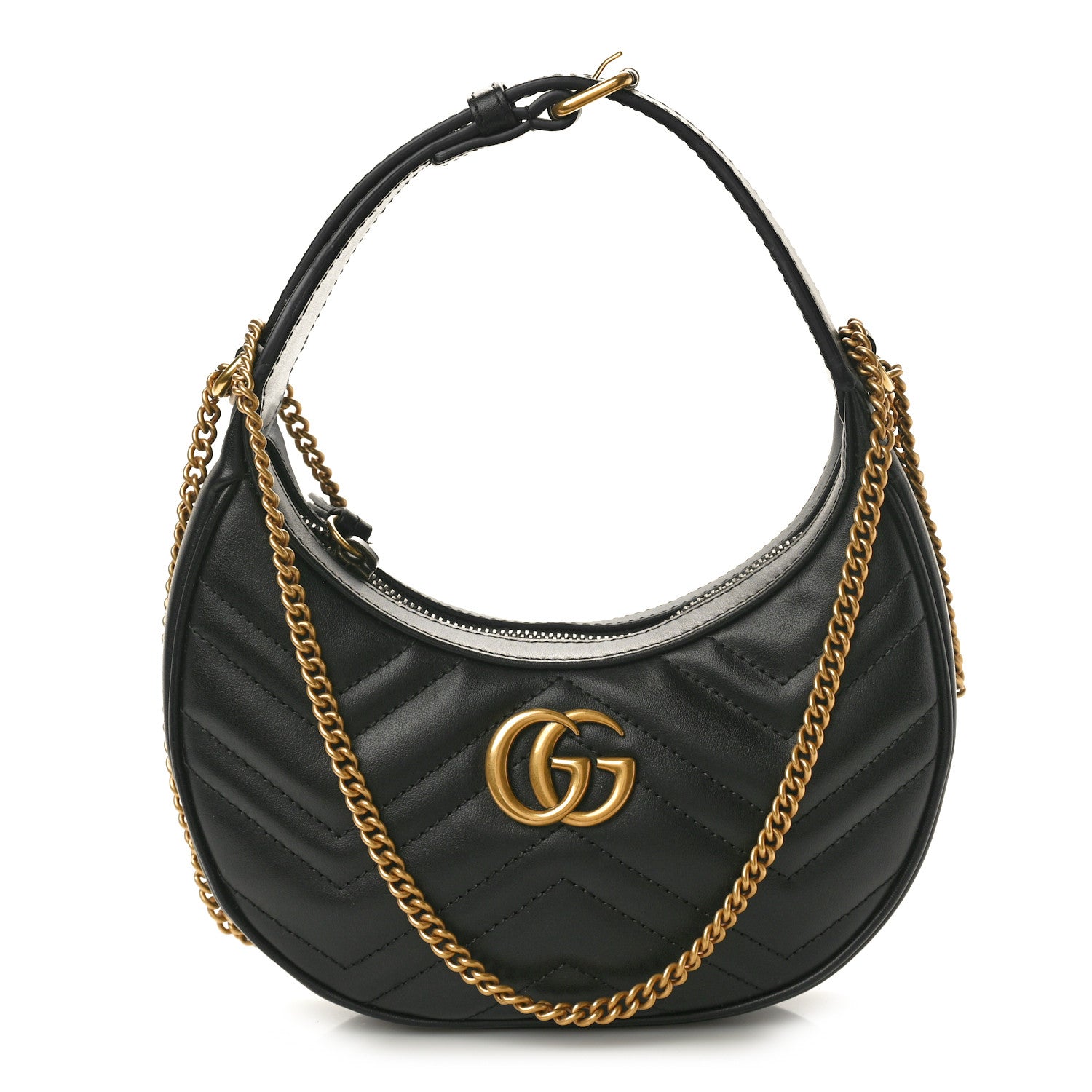 Gucci Calfskin Matelasse Chevron Mini GG Marmont Half Moon Hobo Black 1 of 10