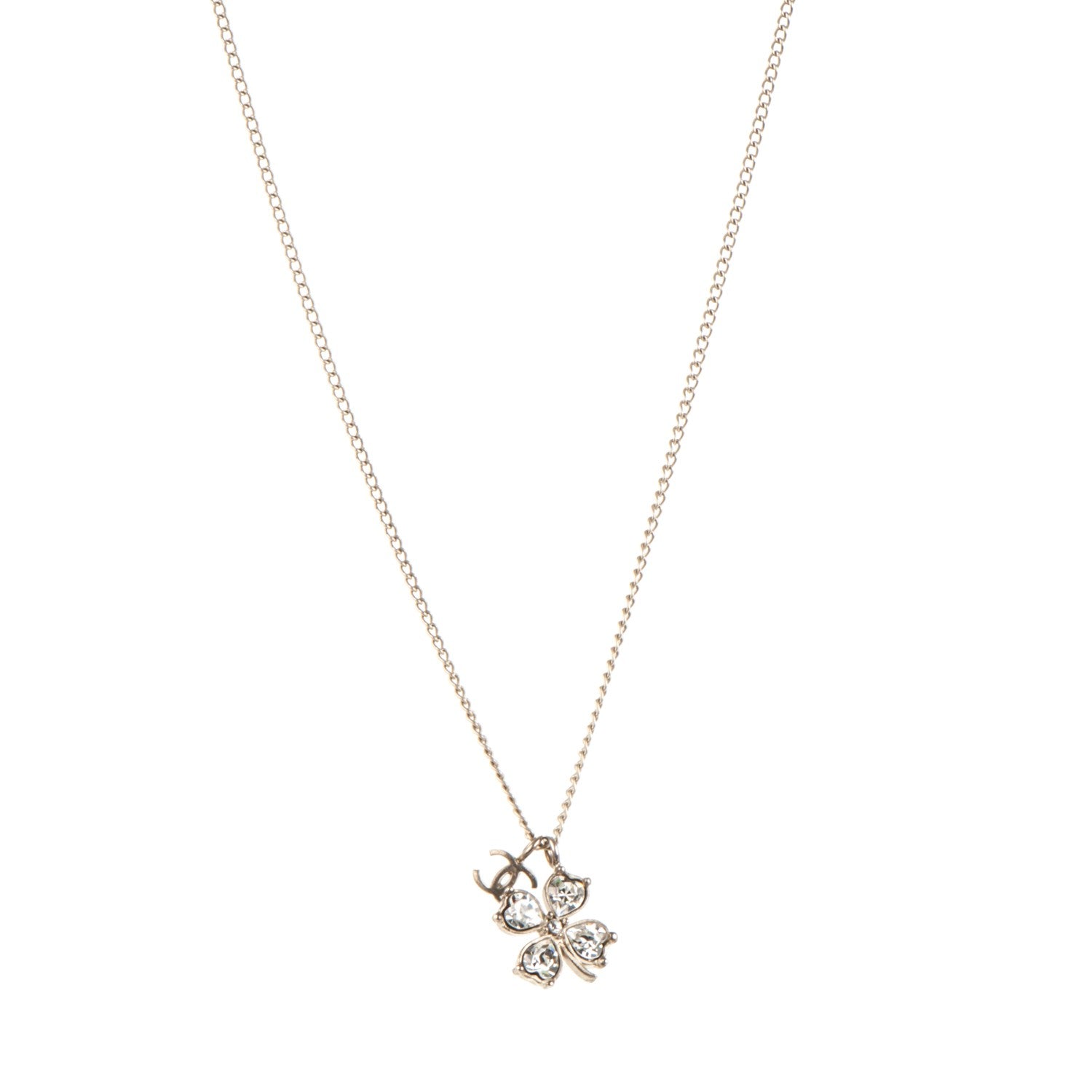 Chanel Crystal CC Four Leaf Clover Pendant Necklace Gold 1 of 5