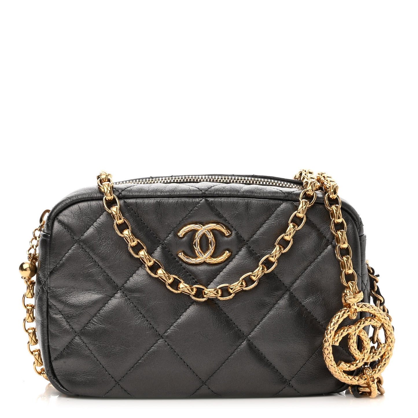 Metallic Calfskin Pearl Quilted CC Mini Camera Case Ruthenium