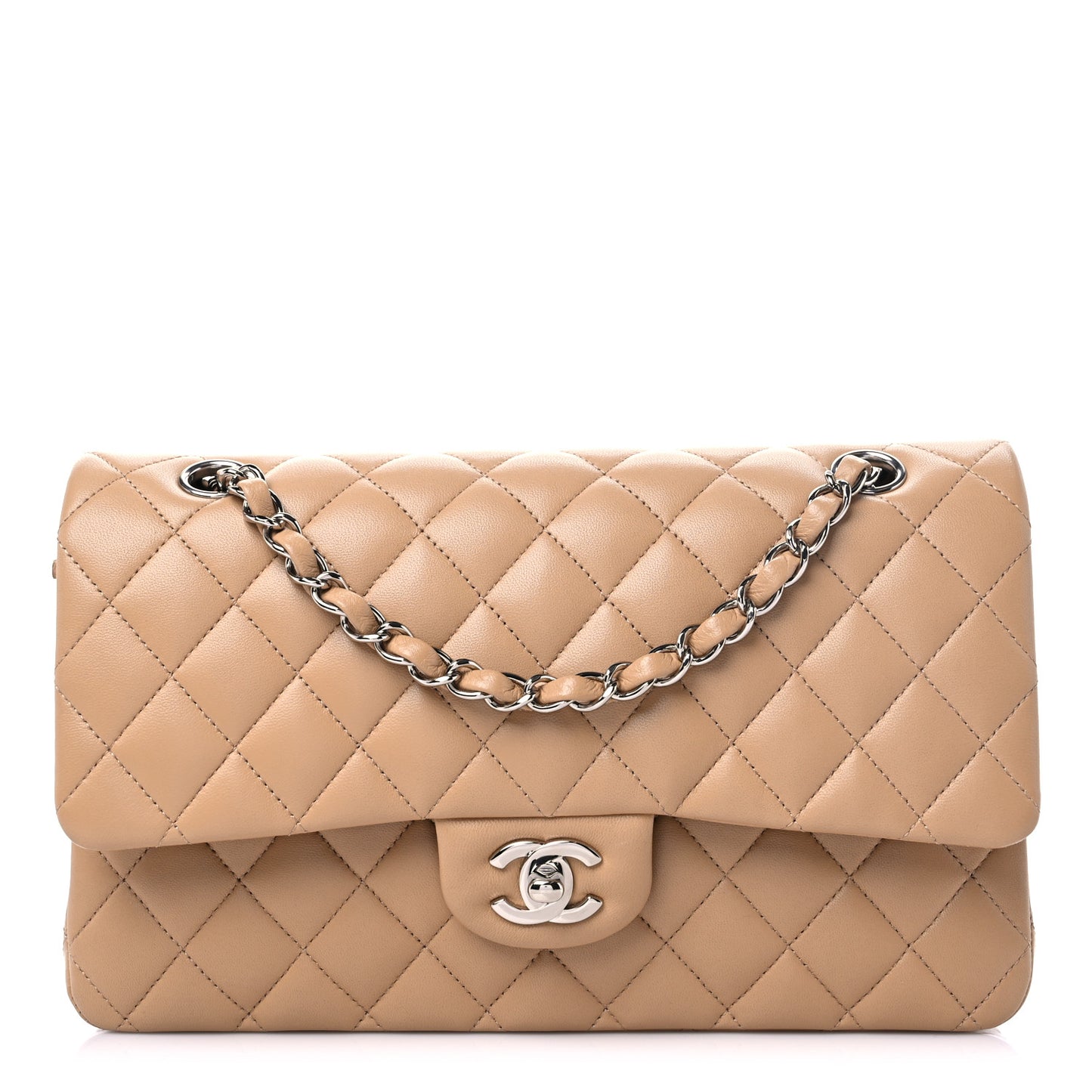 Lambskin Quilted Medium Double Flap Dark Beige