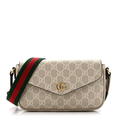 Gucci GG Supreme Monogram Textured Dollar Calfskin Web Mini Ophidia Envelope Shoulder Bag Beige Mystic White Oatmeal 1 of 13