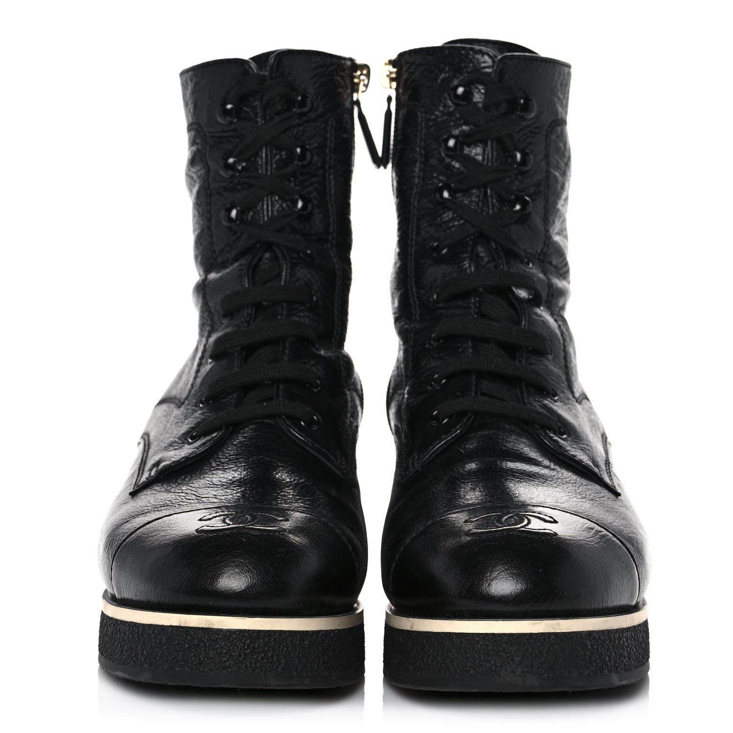 Chanel Shiny Crumpled Lambskin Lace Up Combat Boots 41.5 Black 2 of 9