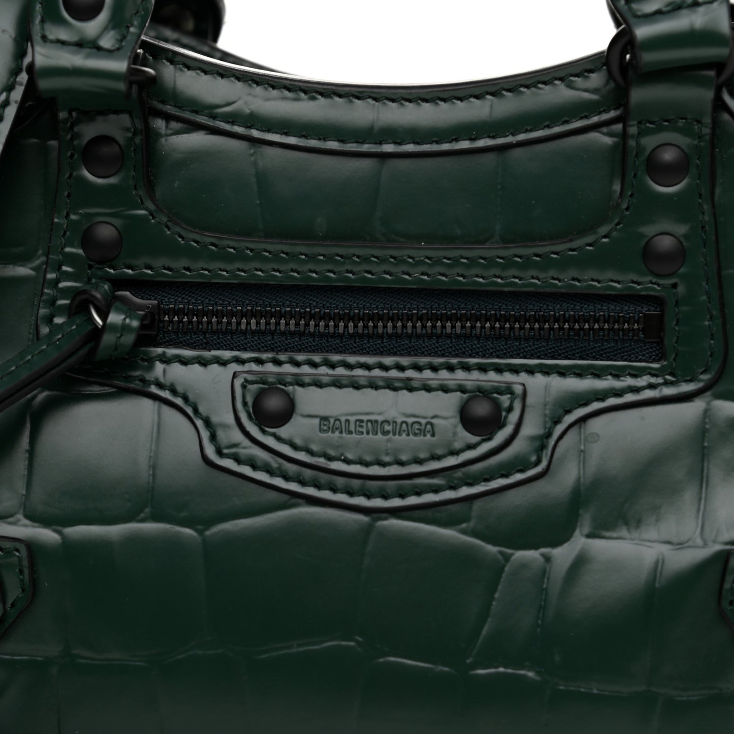 Semi Shiny Calfskin Crocodile Embossed Neo Classic Black Hardware Mini City Forest Green