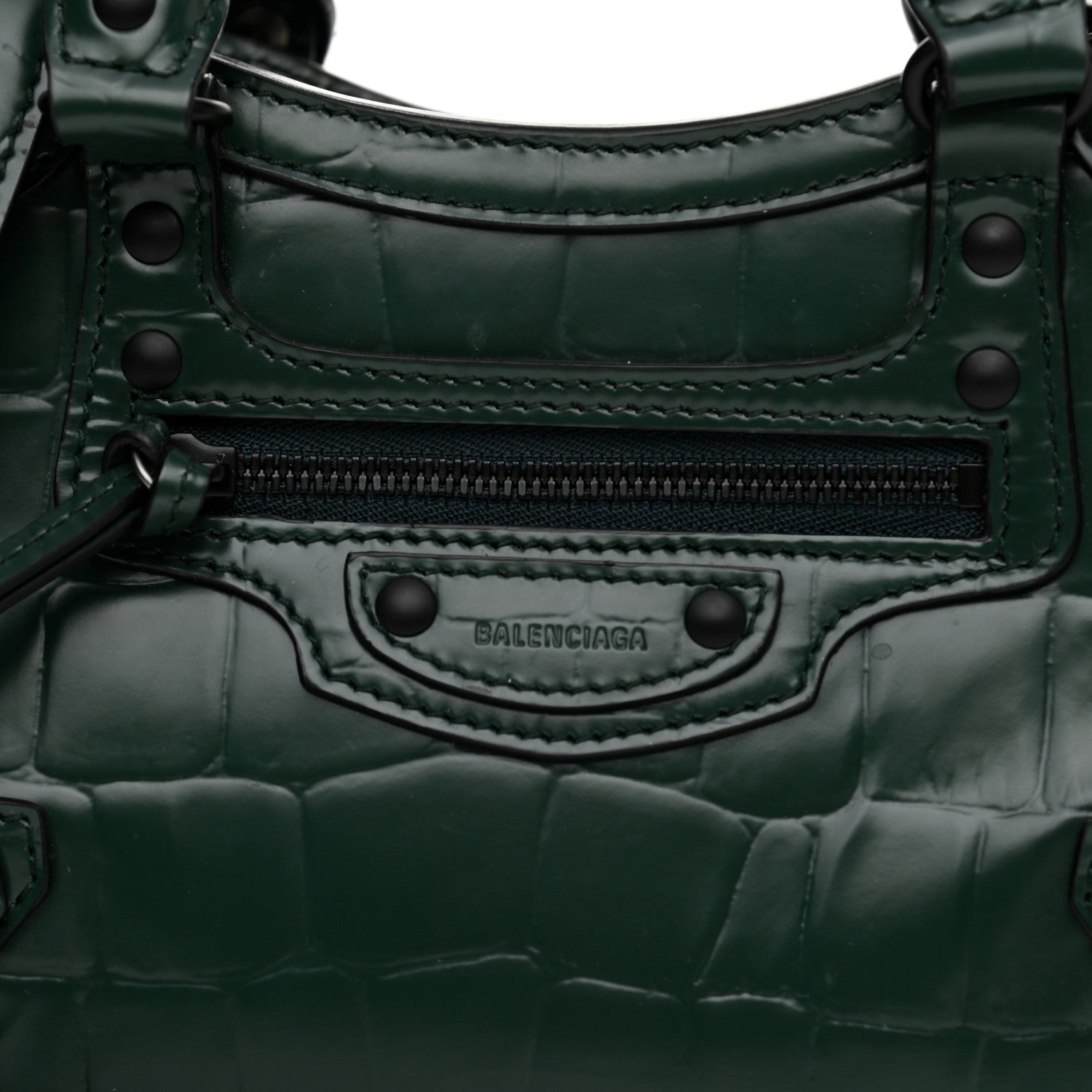 Balenciaga Semi Shiny Calfskin Crocodile Embossed Neo Classic Black Hardware Mini City Forest Green 7 of 11