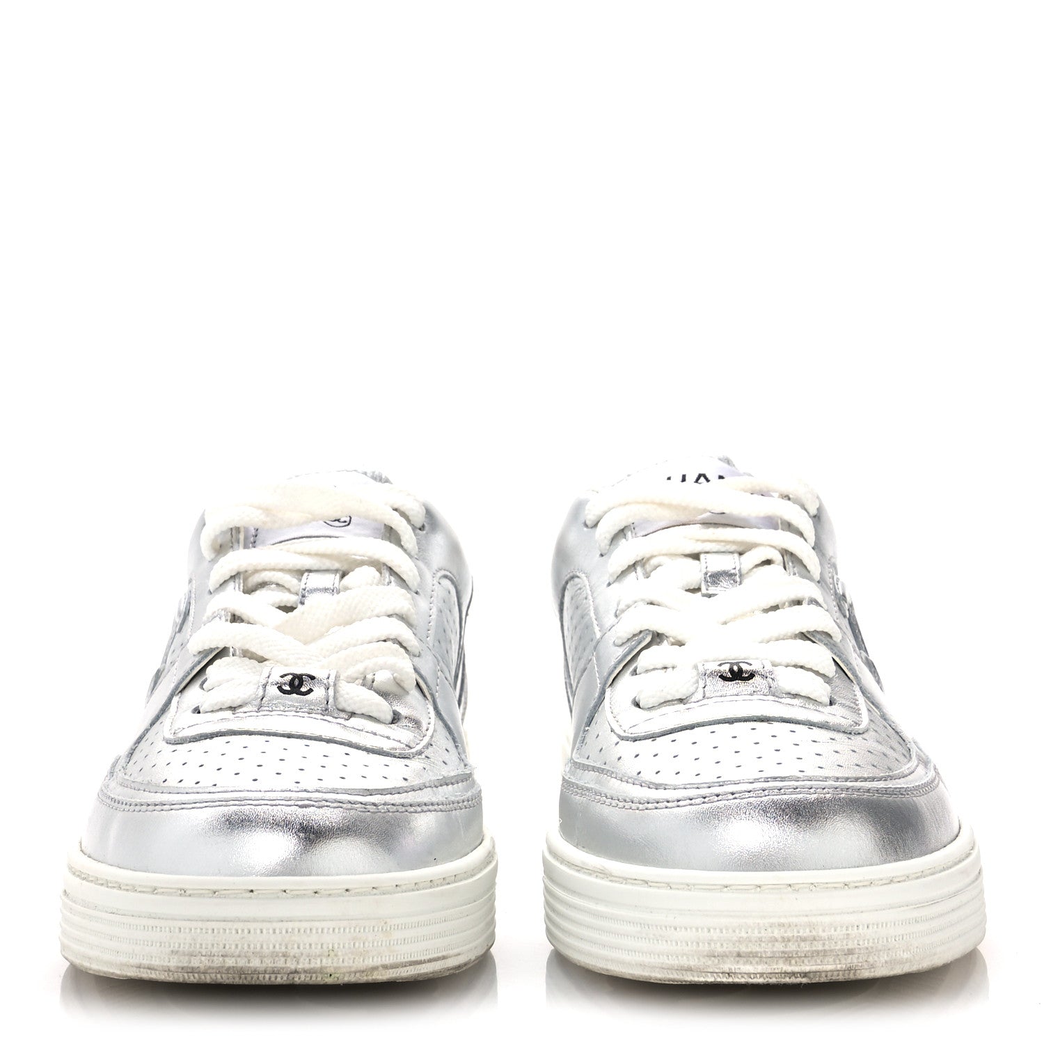 Chanel Laminated Calfskin CC Womens Sneakers 38.5 Silver 3 of 9