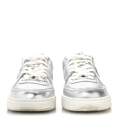 Chanel Laminated Calfskin CC Womens Sneakers 38.5 Silver 3 of 9