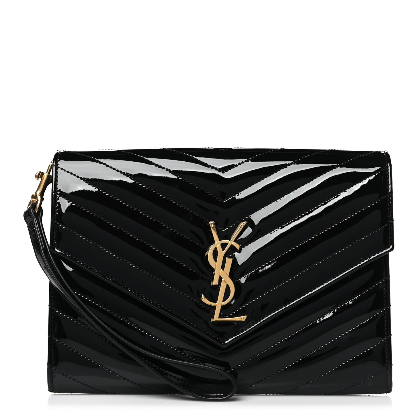 Patent Matelasse Chevron Monogram Envelope Clutch Black