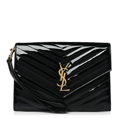 Saint Laurent Patent Matelasse Chevron Monogram Envelope Clutch Black 1 of 11