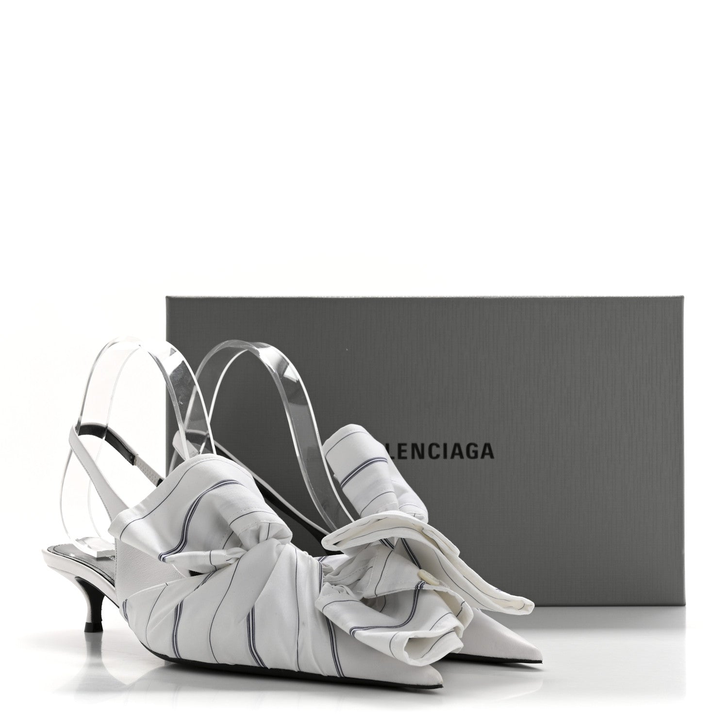 Balenciaga Nappa Stripe Poplin Pointed Toe Knife Chemise Slingback Mules 38.5 White Navy 10 of 10