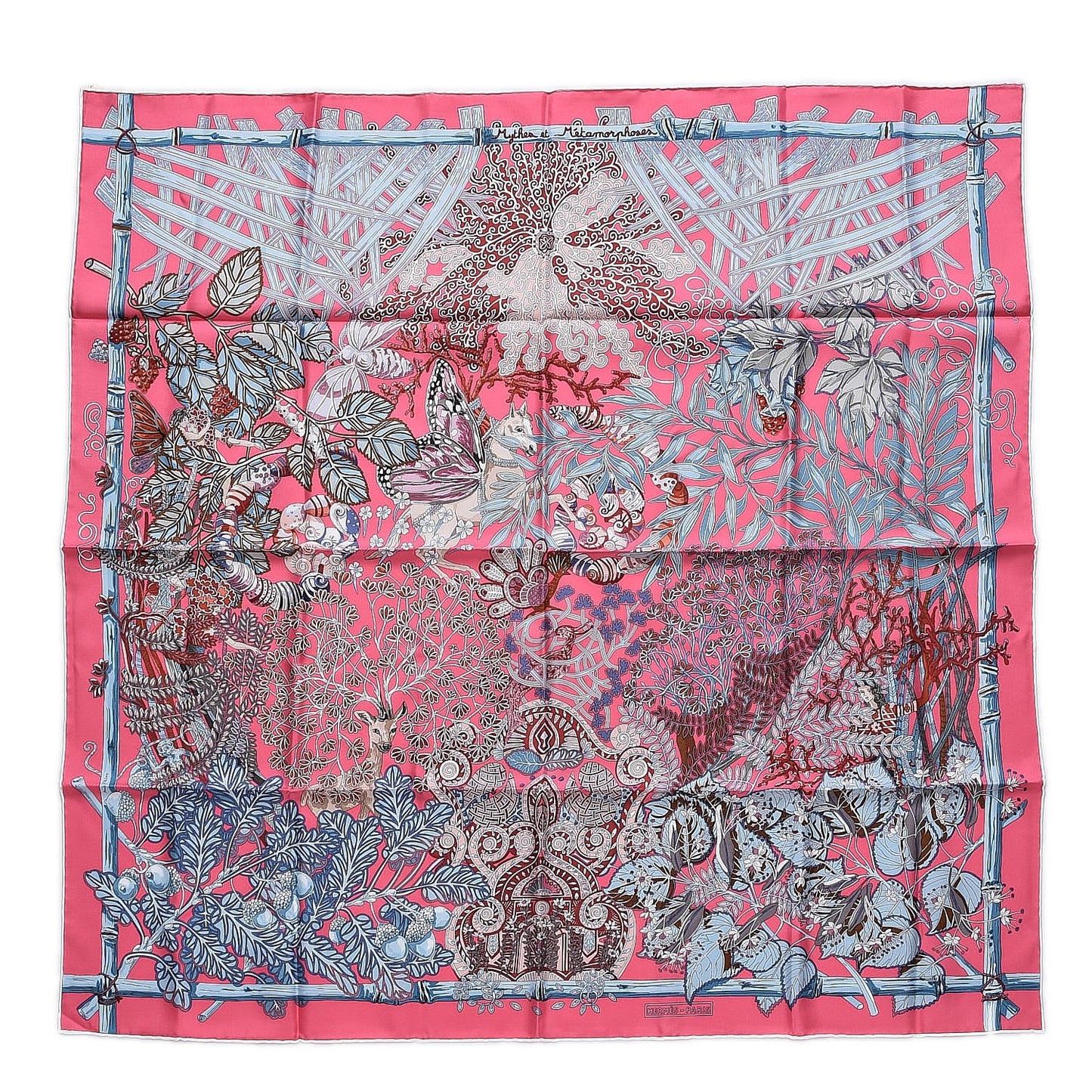 Silk Mythes et Metamorphoses Scarf 90 Rose Vif Bleu Beige Rose