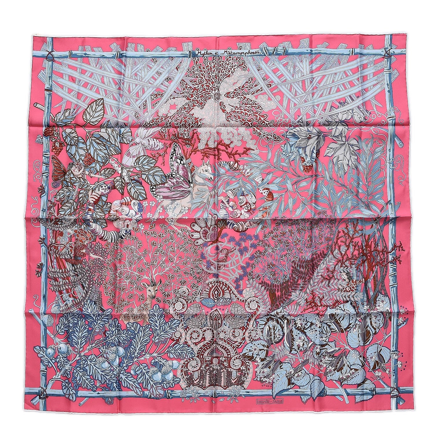 Hermes Silk Mythes et Metamorphoses Scarf 90 Rose Vif Bleu Beige Rose 1 of 4