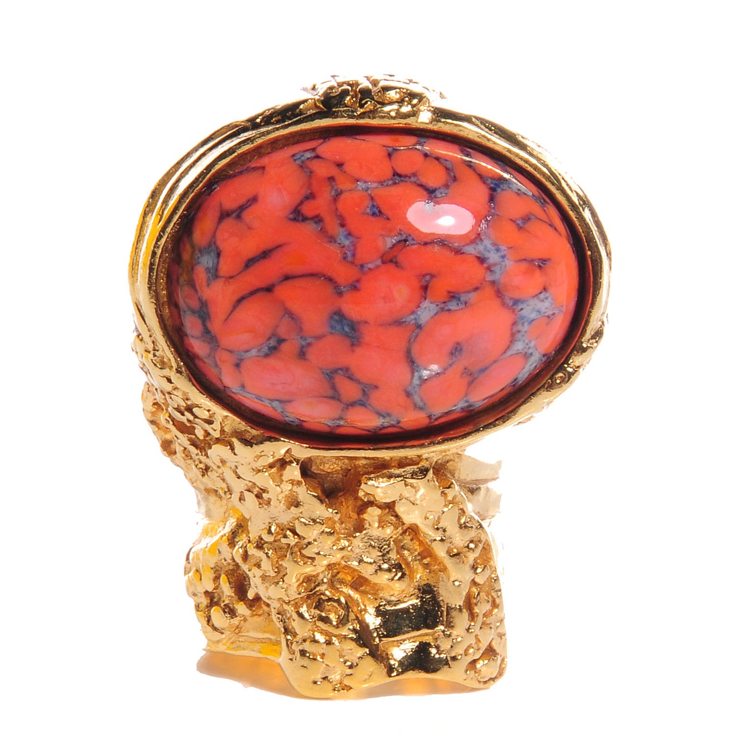 Glass Cabochon Arty Ovale Ring 6 Gold Coral