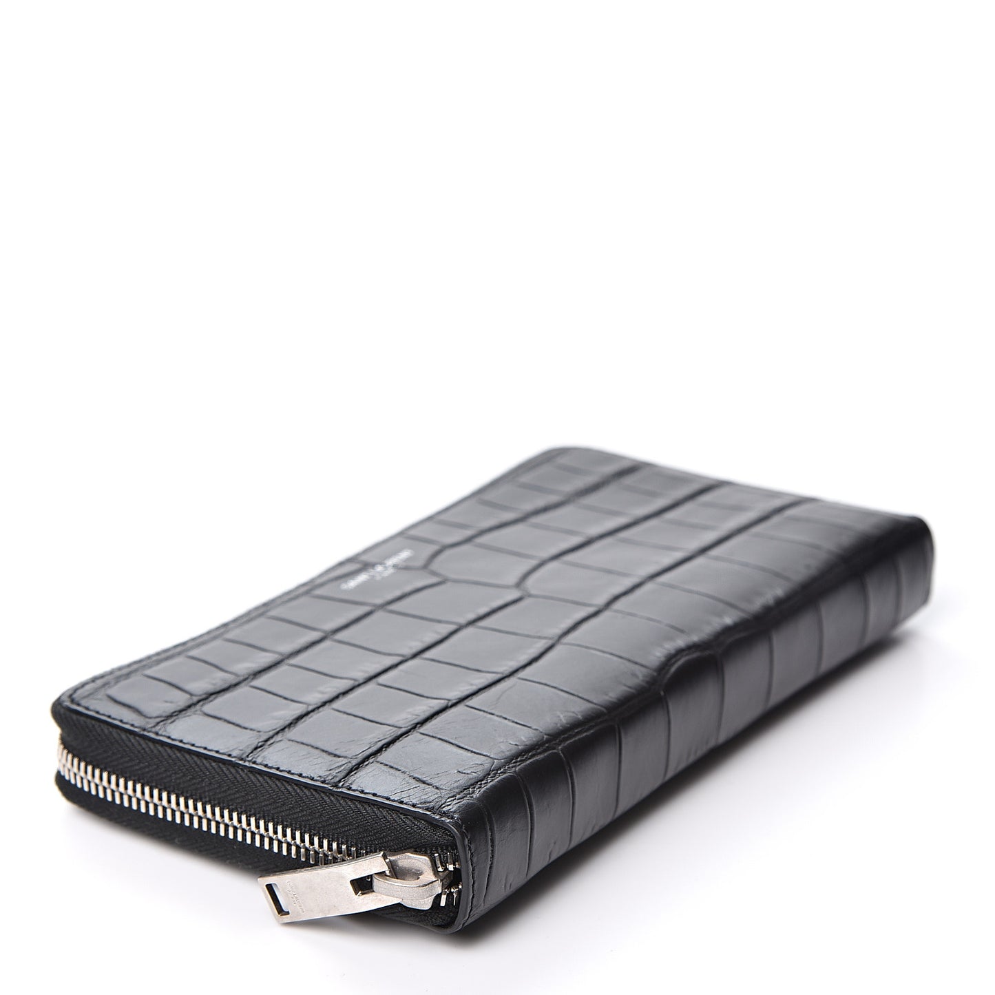 Calfskin Crocodile Embossed Zip Around Continental Wallet Black