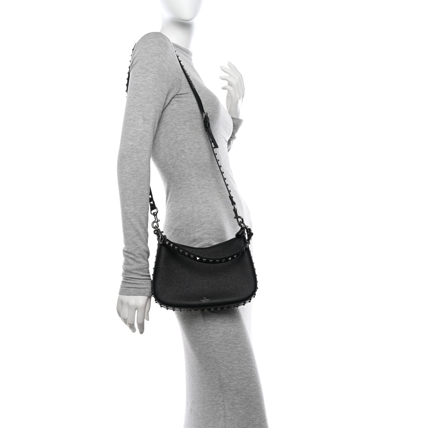 Grained Calfskin Rockstud Hobo Bag Black