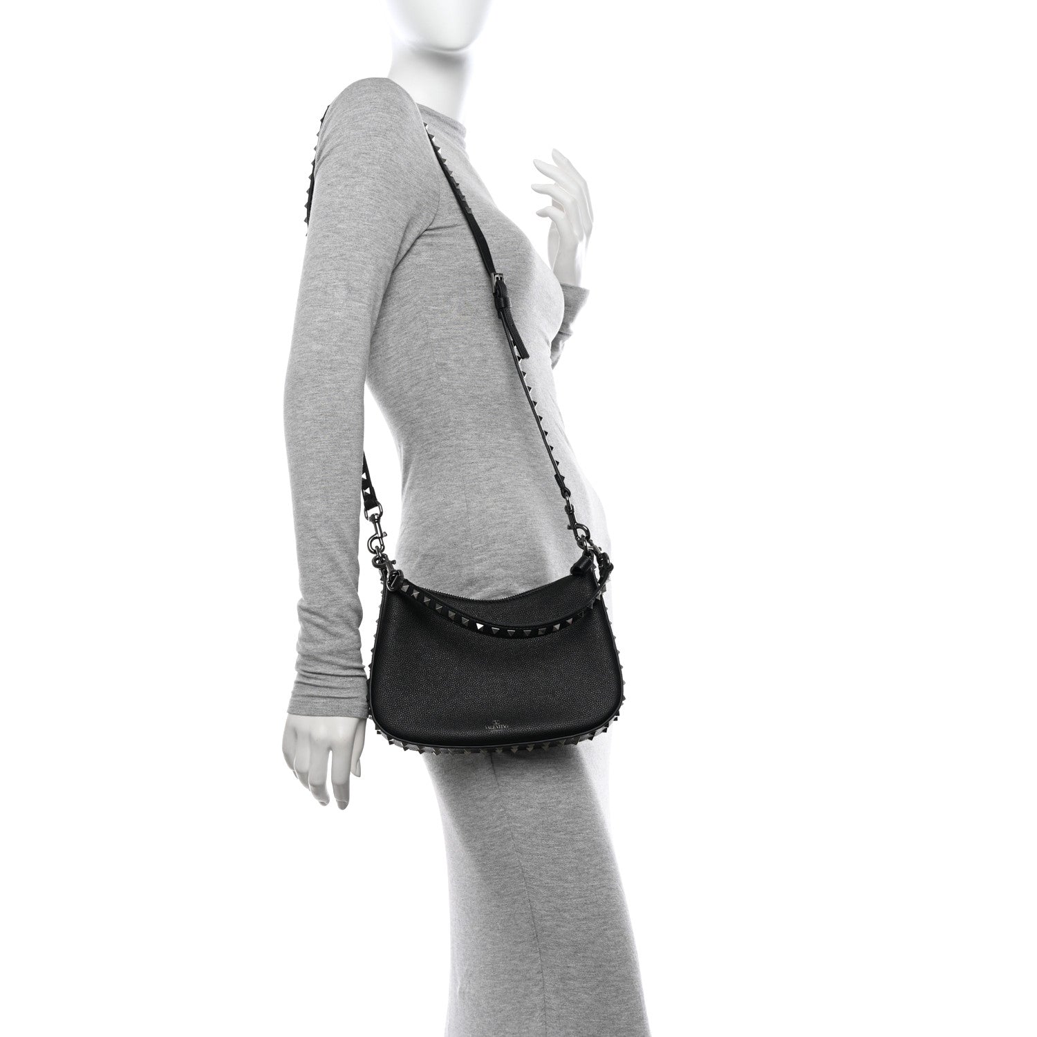 Valentino Garavani Grained Calfskin Rockstud Hobo Bag Black 3 of 9