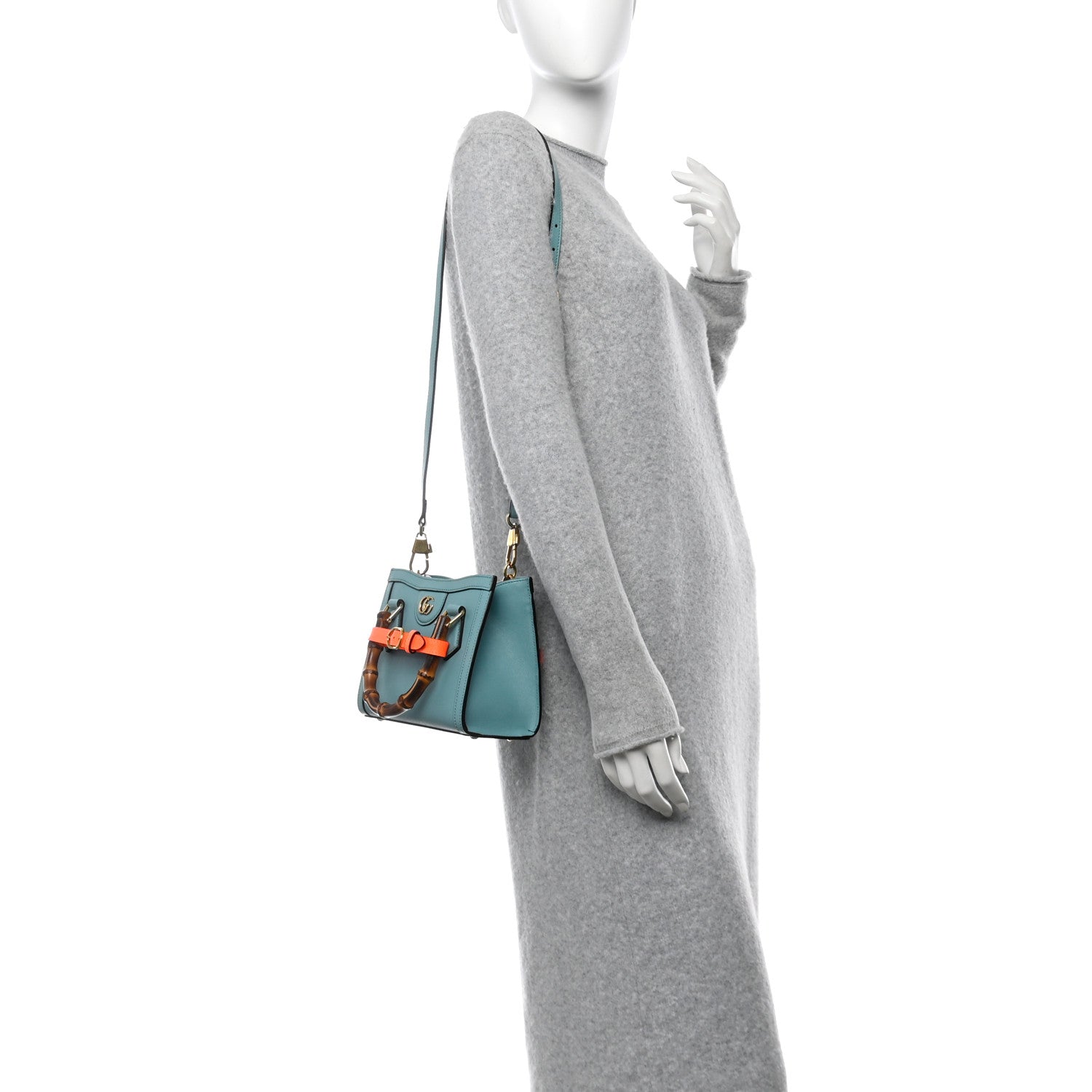 Gucci Textured Dollar Calfskin Web Mini Diana Tote Bag Dusty Azure Deep Orange 2 of 11