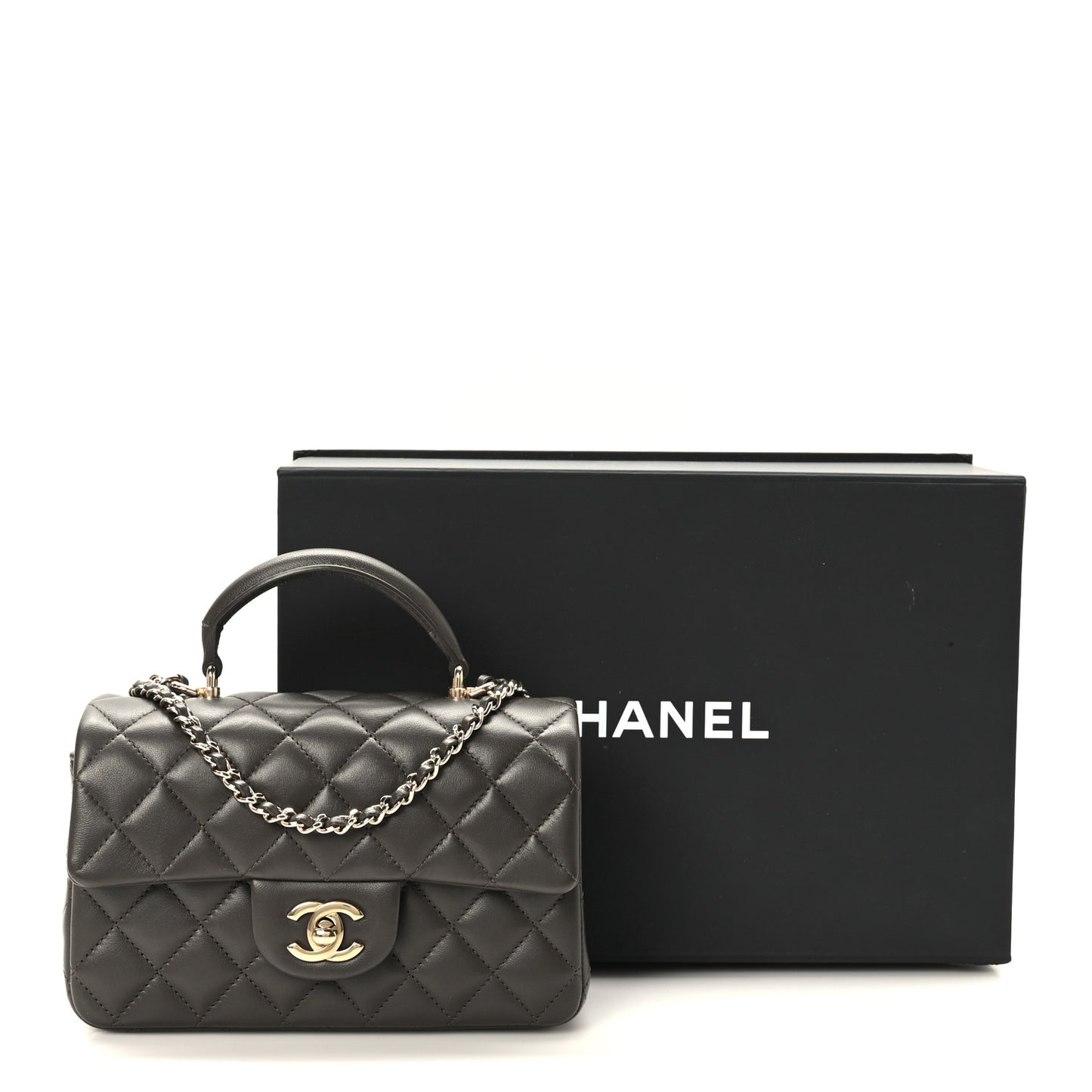Lambskin Quilted Mini Top Handle Rectangular Flap Dark Brown