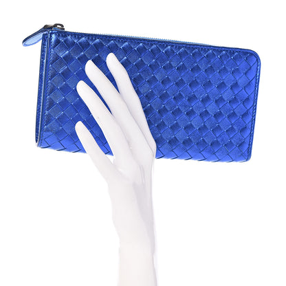 Bottega Veneta Metallic Grosgrain Intrecciato Zip Around Wallet Cobalt 2 of 9
