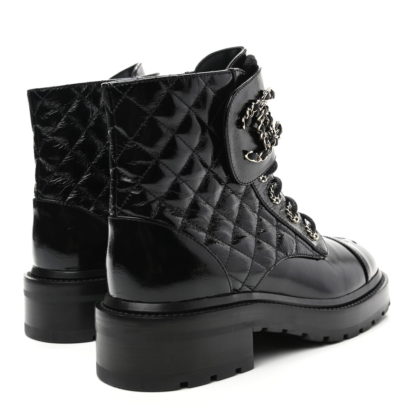 Shiny Calfskin Quilted Lace Up Combat Boots 36.5 Black